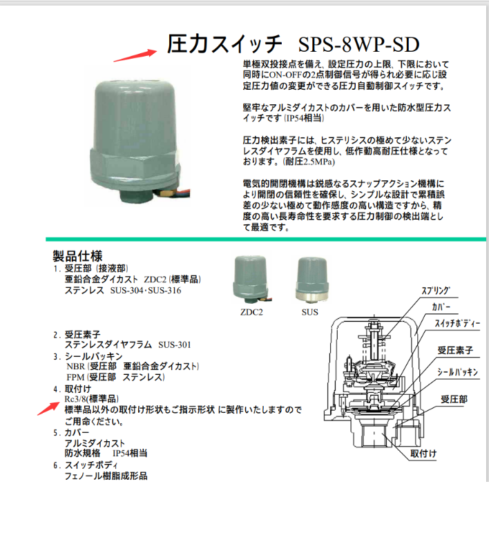 日本SANWA三和壓力（lì）開關型（xíng）號：SPS-8WP-SD ON:...